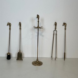 Neoclassical Brass Fireplace Companion Set with Horse Head Finials, French circa 1950