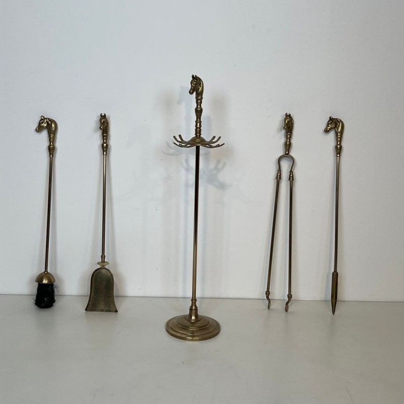 Neoclassical Brass Fireplace Companion Set with Horse Head Finials, French circa 1950