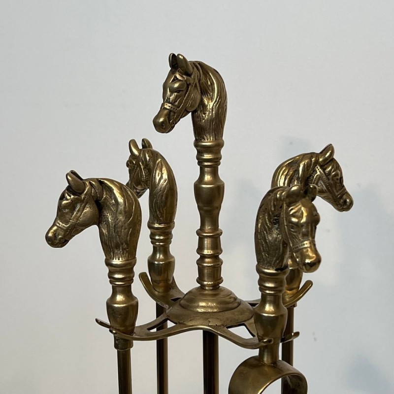 Neoclassical Brass Fireplace Companion Set with Horse Head Finials, French circa 1950
