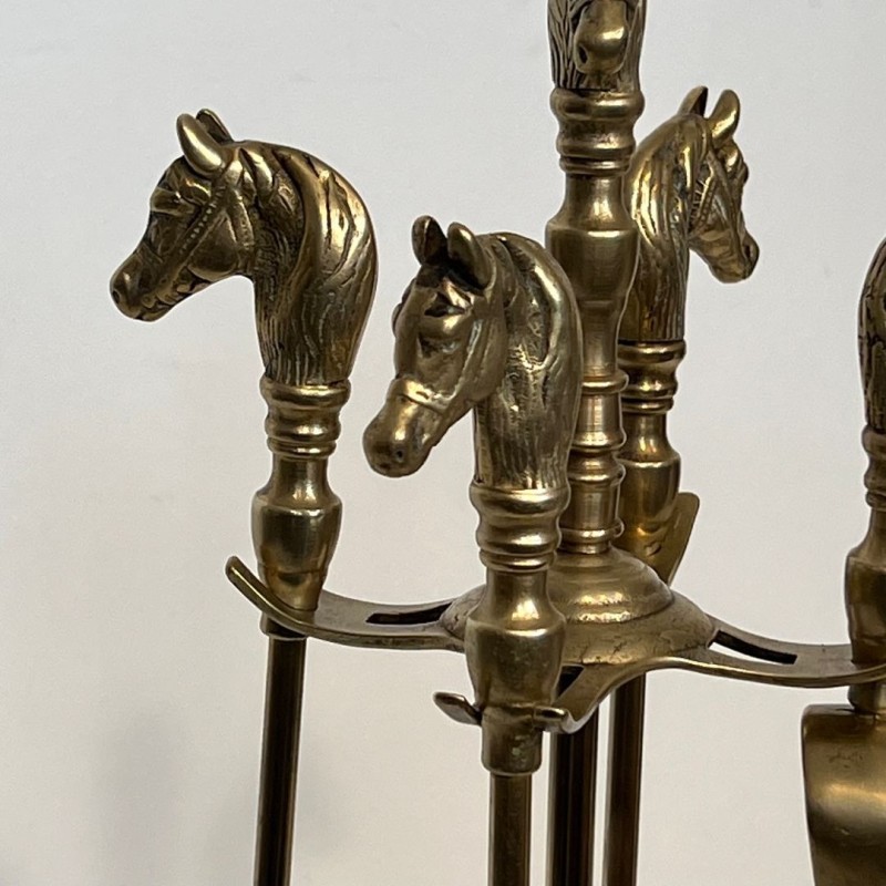 Neoclassical Brass Fireplace Companion Set with Horse Head Finials, French circa 1950