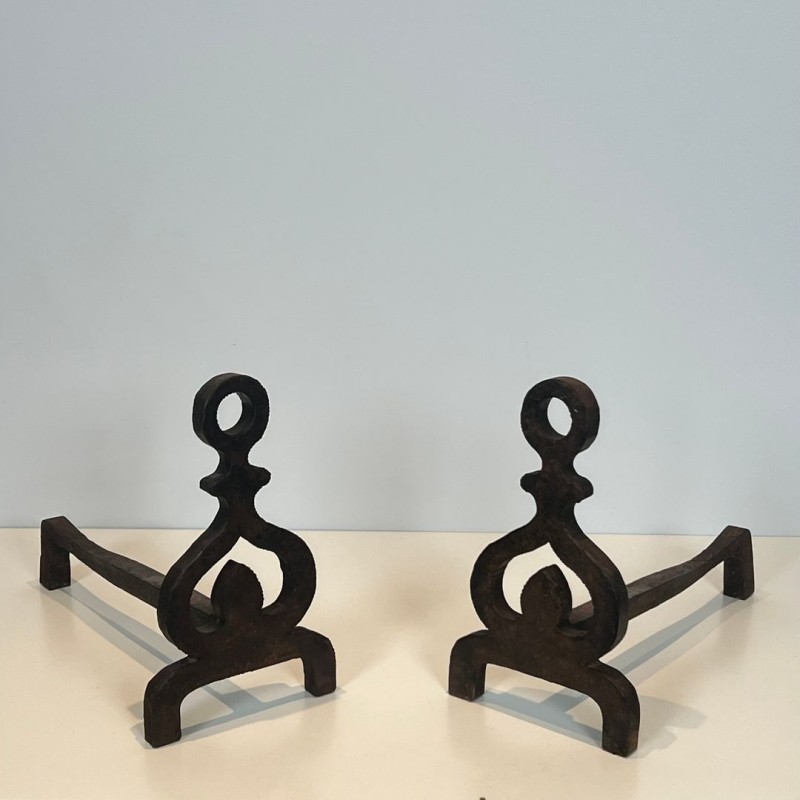 Paire de Chenets en Fer Forgé à Nœuds Entrelacés et Anneaux Sommitaux, vers 1940