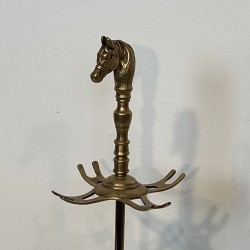 Neoclassical Brass Fireplace Companion Set with Horse Head Finials, French circa 1950