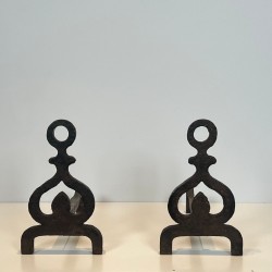 Pair of Wrought Iron Andirons with Knotwork Uprights and Ring Finials, French circa 1940
