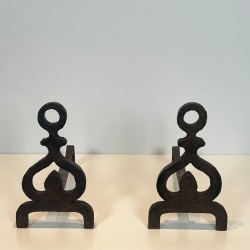 Pair of Wrought Iron Andirons with Knotwork Uprights and Ring Finials, French circa 1940