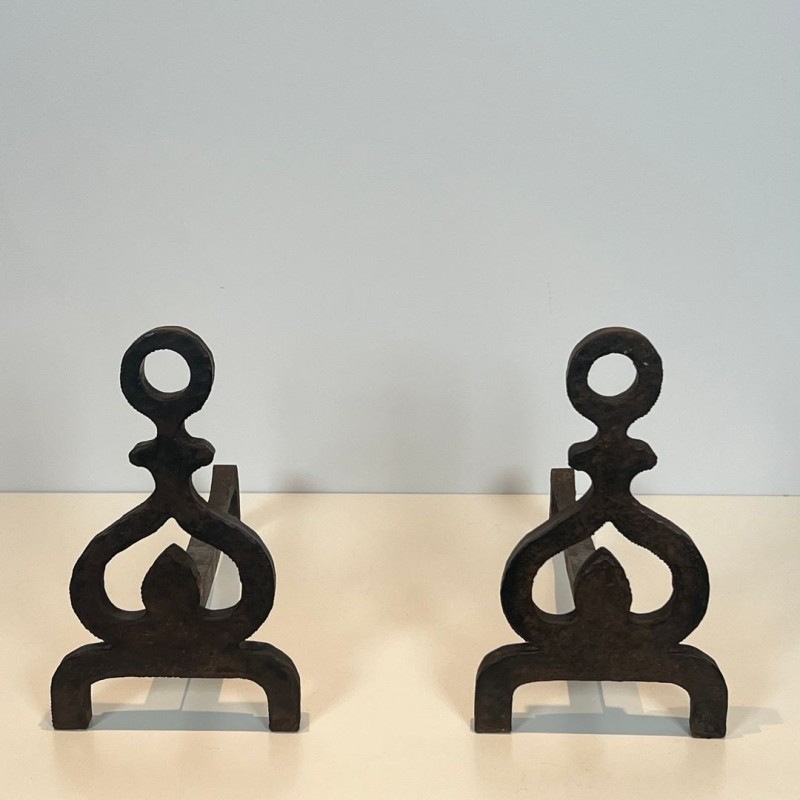 Pair of Wrought Iron Andirons with Knotwork Uprights and Ring Finials, French circa 1940