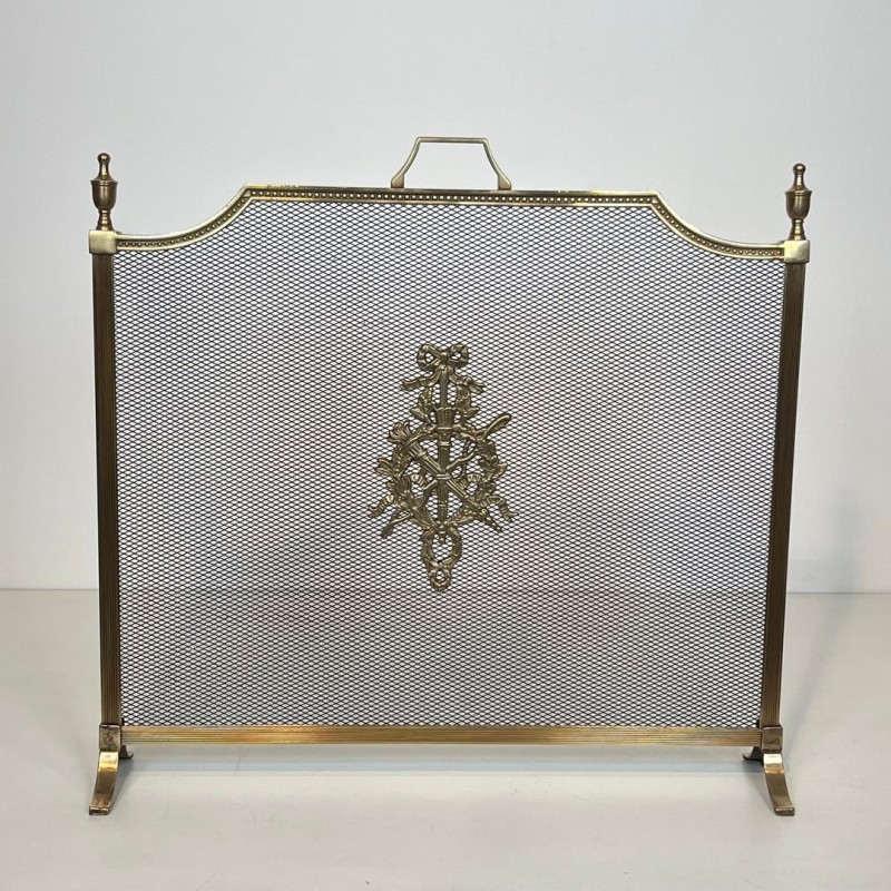 Louis XVI Style Brass Fireplace Screen with Mesh and Neoclassical Appliqués, Maison Jansen Style, circa 1940
