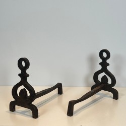 Pair of Wrought Iron Andirons with Knotwork Uprights and Ring Finials, French circa 1940