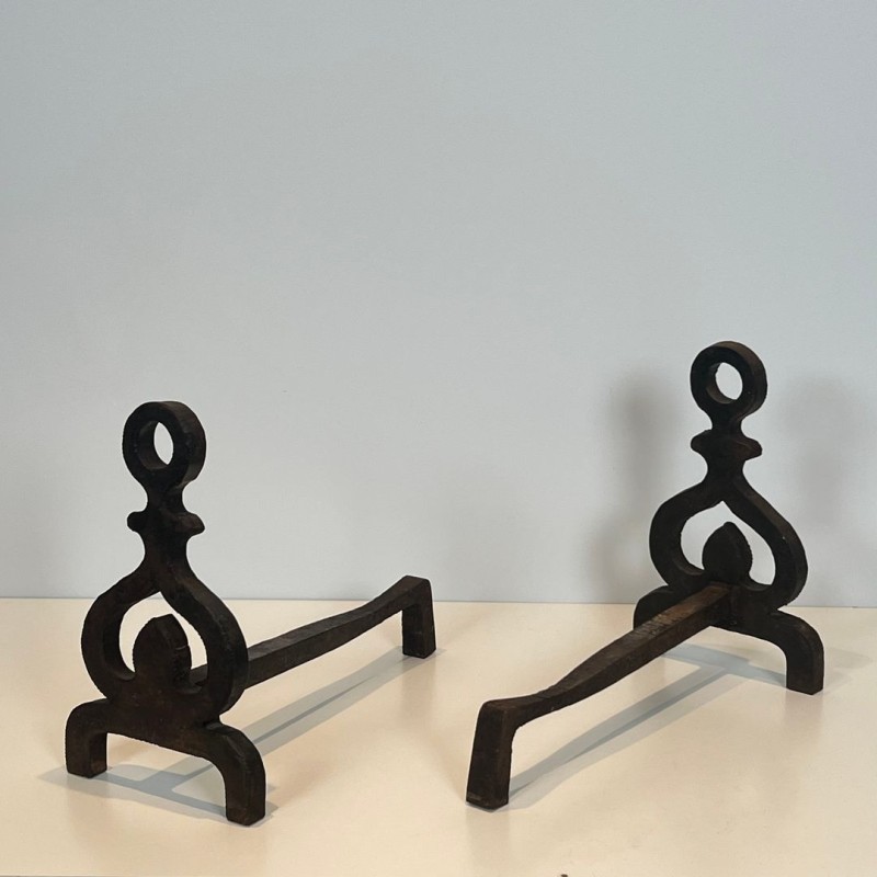 Pair of Wrought Iron Andirons with Knotwork Uprights and Ring Finials, French circa 1940