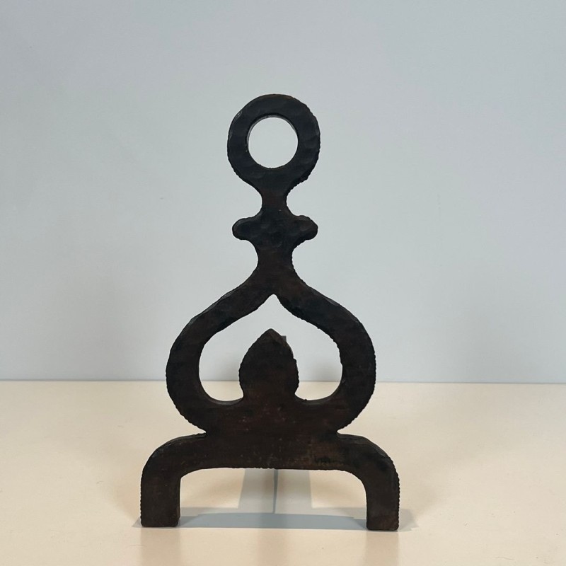 Pair of Wrought Iron Andirons with Knotwork Uprights and Ring Finials, French circa 1940