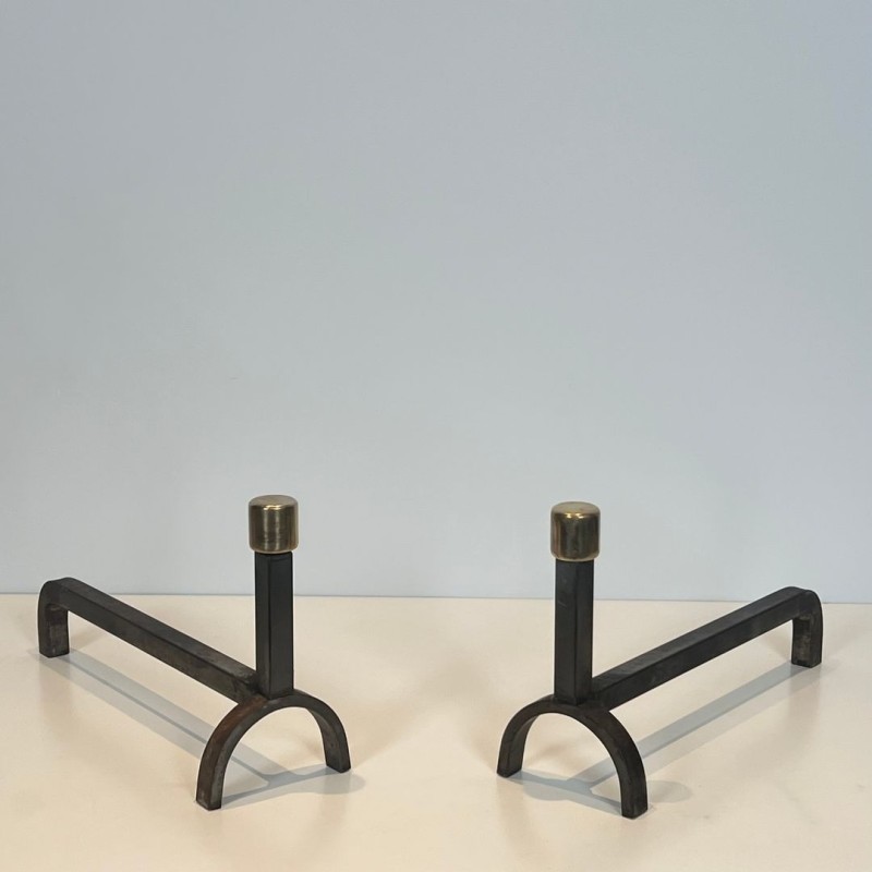 Pair of Modernist Wrought Iron and Brass Andirons with Forked Uprights, French circa 1970