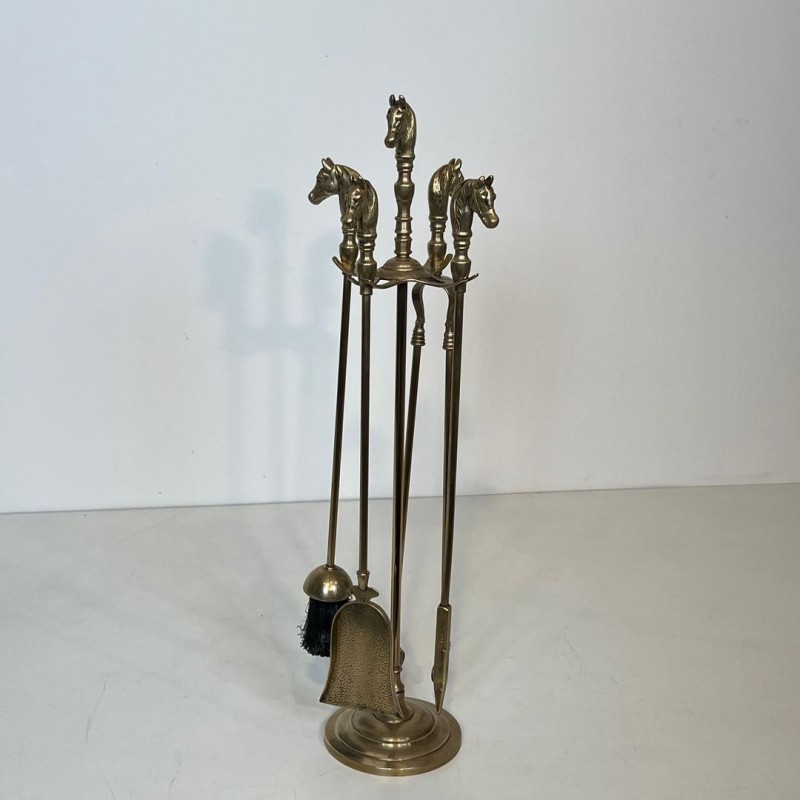 Nécessaire de Feu en Laiton à Têtes de Chevaux, Style Néoclassique, vers 1950