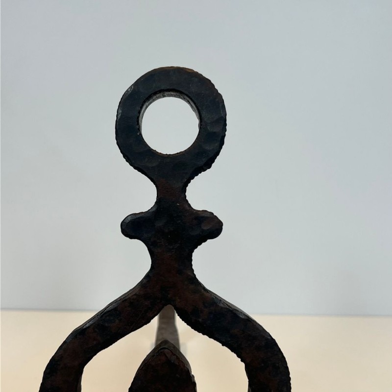 Pair of Wrought Iron Andirons with Knotwork Uprights and Ring Finials, French circa 1940