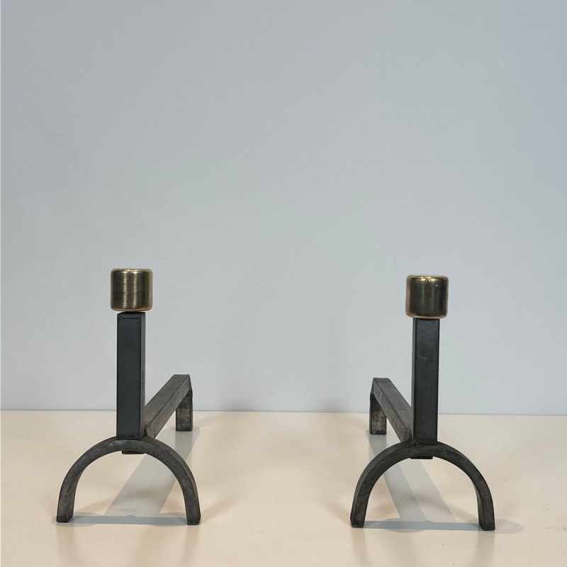 Pair of Modernist Wrought Iron and Brass Andirons with Forked Uprights, French circa 1970