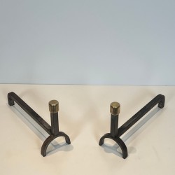 Pair of Modernist Wrought Iron and Brass Andirons with Forked Uprights, French circa 1970