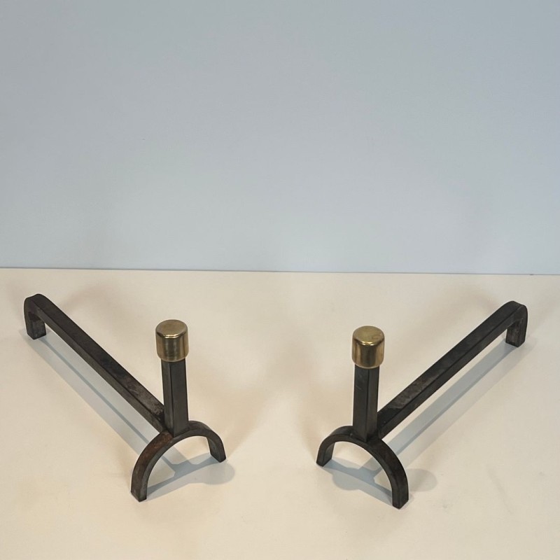 Pair of Modernist Wrought Iron and Brass Andirons with Forked Uprights, French circa 1970
