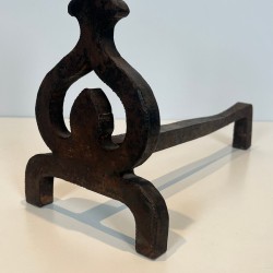 Pair of Wrought Iron Andirons with Knotwork Uprights and Ring Finials, French circa 1940