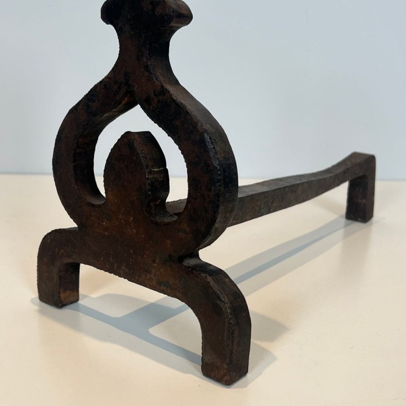 Paire de Chenets en Fer Forgé à Nœuds Entrelacés et Anneaux Sommitaux, vers 1940