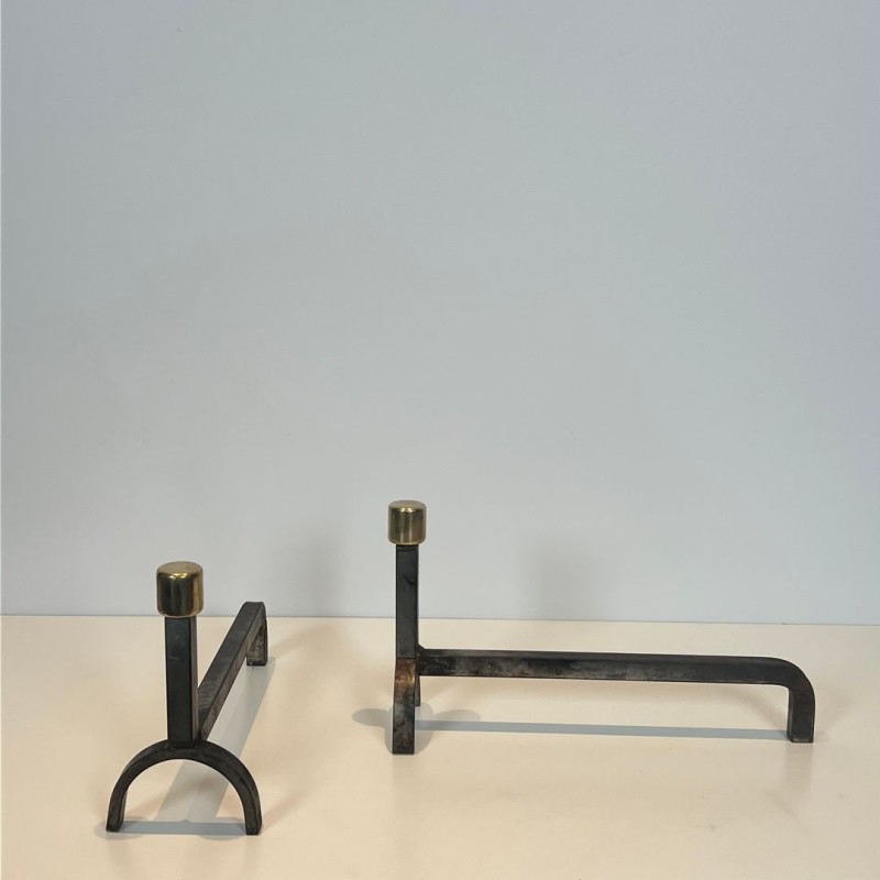 Pair of Modernist Wrought Iron and Brass Andirons with Forked Uprights, French circa 1970