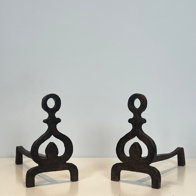 Pair of Wrought Iron Andirons with Knotwork Uprights and Ring Finials, French circa 1940