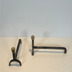 Pair of Modernist Wrought Iron and Brass Andirons with Forked Uprights, French circa 1970