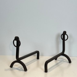 Pair of Modernist Wrought Iron Andirons with Ring Finials, French, circa 1940
