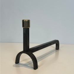 Paire de Chenets Modernistes en Fer Forgé et Laiton à Montants Bifurqués, vers 1970