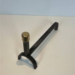 Pair of Modernist Wrought Iron and Brass Andirons with Forked Uprights, French circa 1970