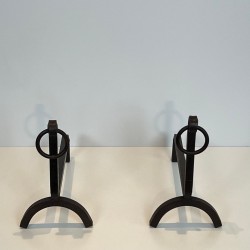 Pair of Modernist Wrought Iron Andirons with Ring Finials, French, circa 1940