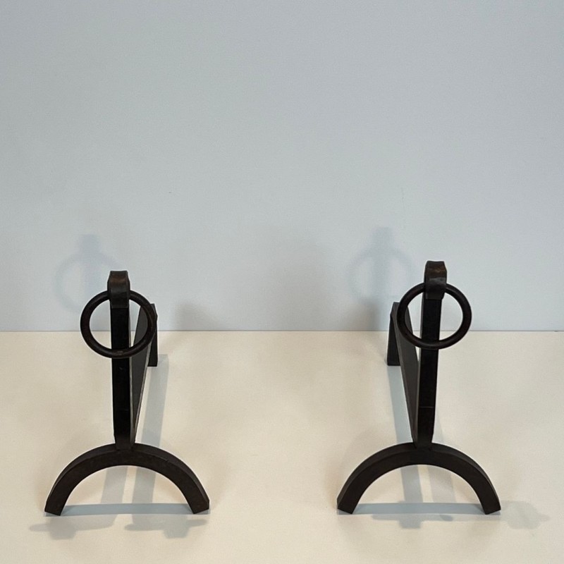 Pair of Modernist Wrought Iron Andirons with Ring Finials, French, circa 1940