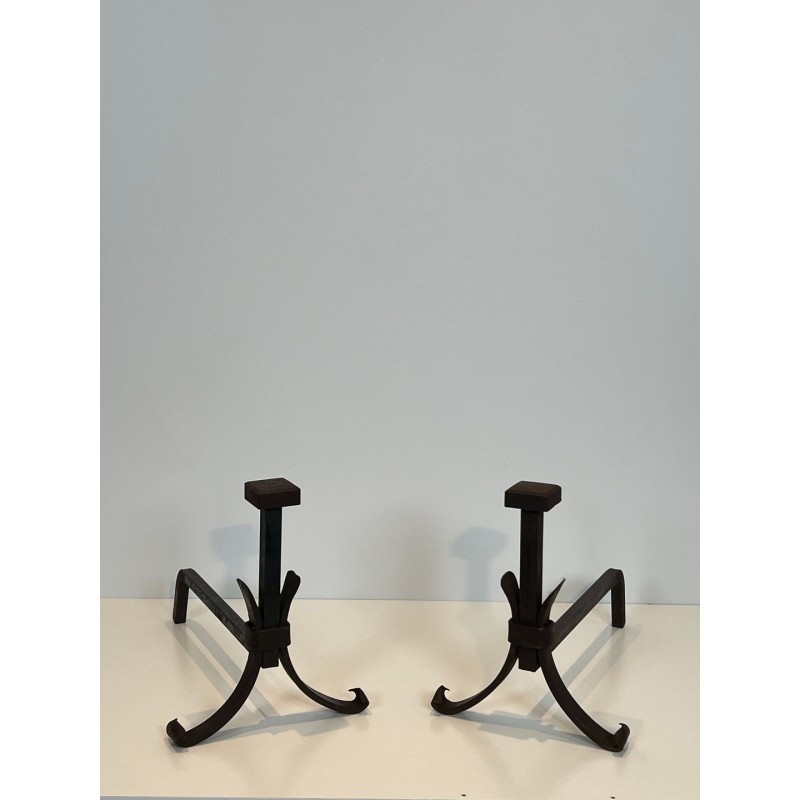 Pair of Modernist Wrought Iron Andirons in the Style of Jean Royère, circa 1940
