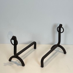 Pair of Modernist Wrought Iron Andirons with Ring Finials, French, circa 1940