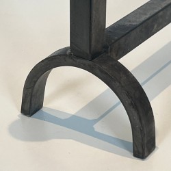 Pair of Modernist Wrought Iron and Brass Andirons with Forked Uprights, French circa 1970