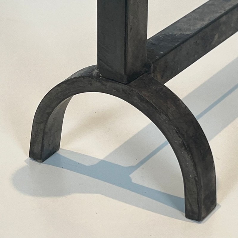 Pair of Modernist Wrought Iron and Brass Andirons with Forked Uprights, French circa 1970