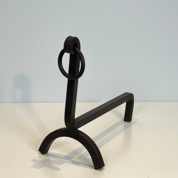 Pair of Modernist Wrought Iron Andirons with Ring Finials, French, circa 1940