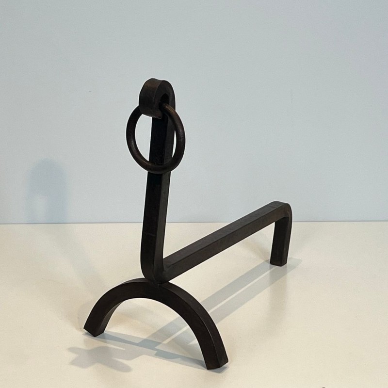 Pair of Modernist Wrought Iron Andirons with Ring Finials, French, circa 1940