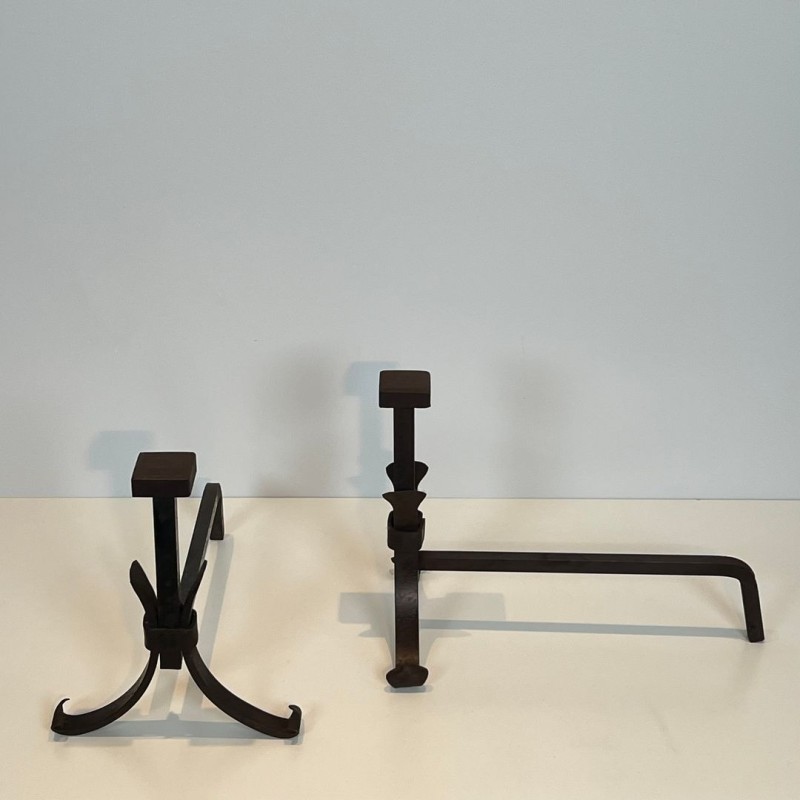 Paire de Chenets Modernistes en Fer Forgé dans le Goût de Jean Royère, vers 1940