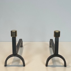 Pair of Modernist Wrought Iron and Brass Andirons with Forked Uprights, French circa 1970