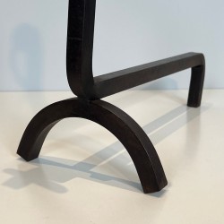 Pair of Modernist Wrought Iron Andirons with Ring Finials, French, circa 1940