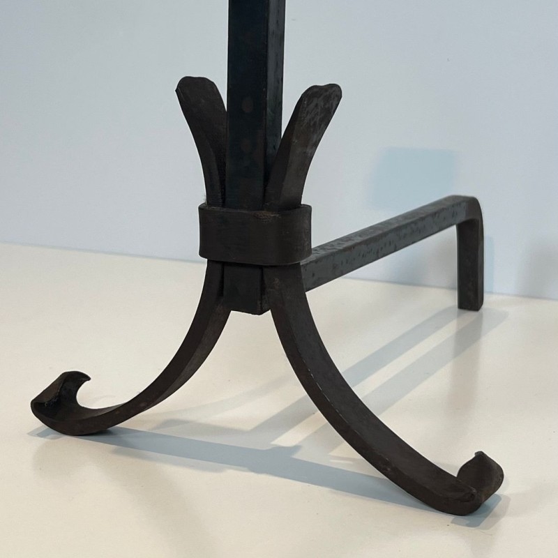 Pair of Modernist Wrought Iron Andirons in the Style of Jean Royère, circa 1940