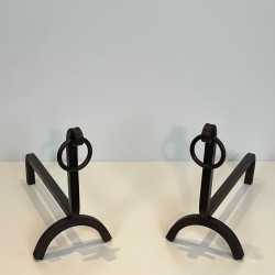 Pair of Modernist Wrought Iron Andirons with Ring Finials, French, circa 1940