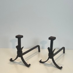 Pair of Modernist Wrought Iron Andirons in the Style of Jean Royère, circa 1940