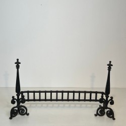 Wrought Iron Firedogs with Gothic Spire Finials and Connecting Bar Grille, French circa 1900