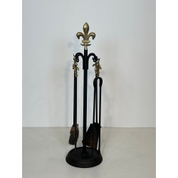 Neoclassical Fireplace Companion Set with Fleur-de-Lys Finial in Black and Brass, circa 1970