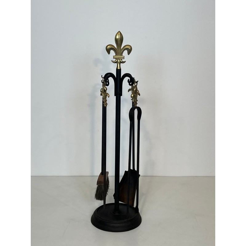 Neoclassical Fireplace Companion Set with Fleur-de-Lys Finial in Black and Brass, circa 1970