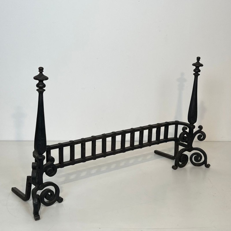 Wrought Iron Firedogs with Gothic Spire Finials and Connecting Bar Grille, French circa 1900