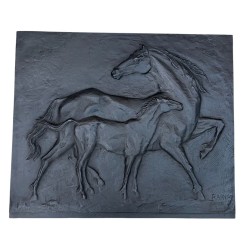 Cast Iron Fireback with Horses, Signed Raina, Foundry Stern, circa 1970
