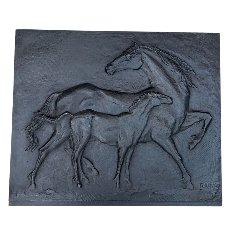 Plaque de Cheminée en Fonte aux Chevaux, Signée Raina, Fonderie Stern, vers 1970