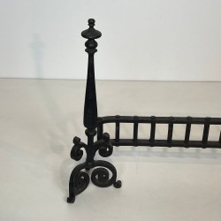 Wrought Iron Firedogs with Gothic Spire Finials and Connecting Bar Grille, French circa 1900