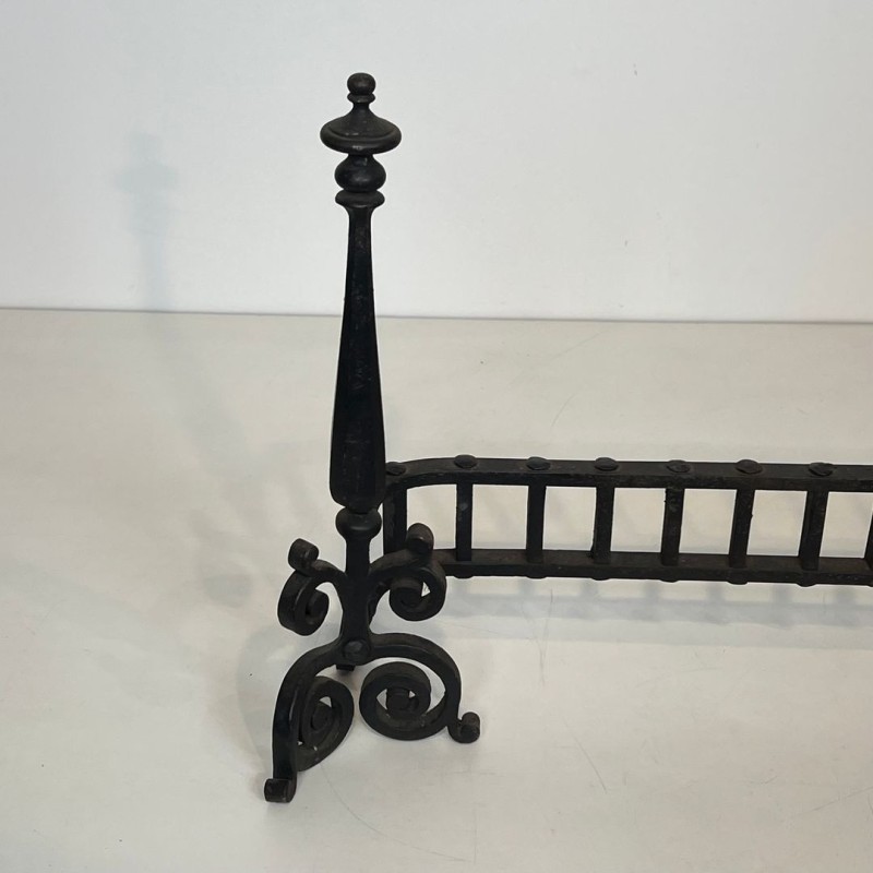 Wrought Iron Firedogs with Gothic Spire Finials and Connecting Bar Grille, French circa 1900
