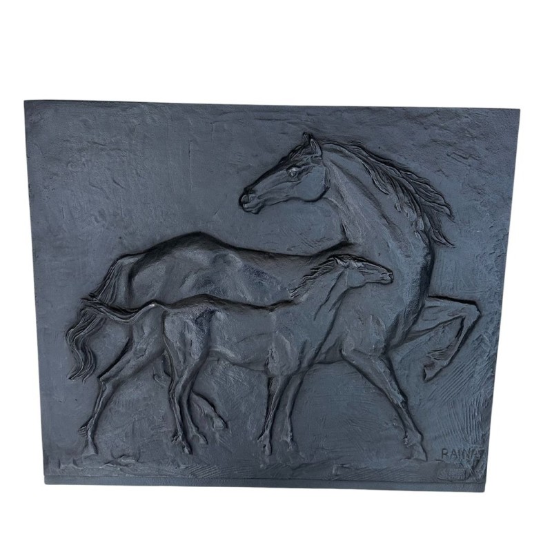 Cast Iron Fireback with Horses, Signed Raina, Foundry Stern, circa 1970